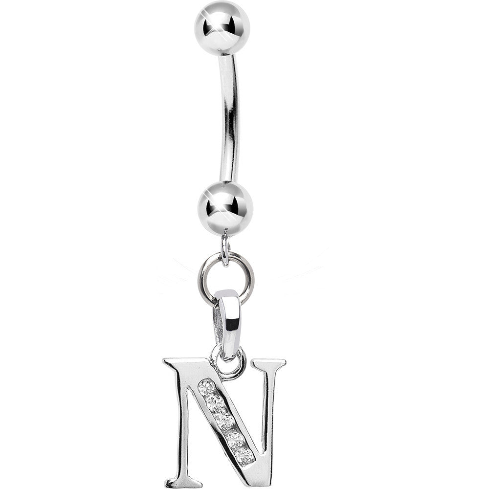 16G Solid 14k White Gold CZ Initial N Belly Ring
