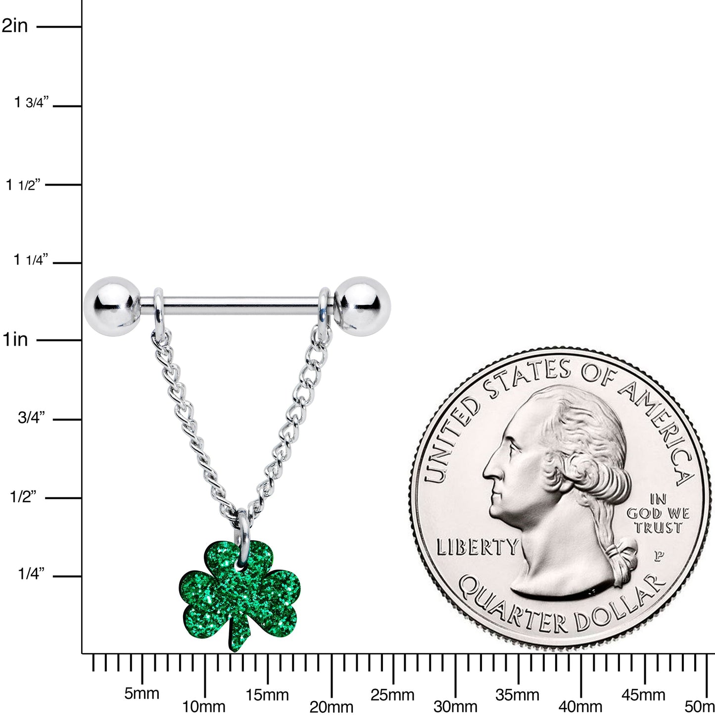 14G 5/8 Green Glitter Shamrock Chain Dangle Nipple Ring Set