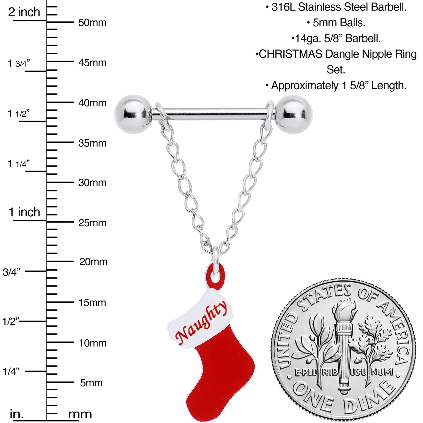 Handmade 14G 5/8 Naughty Nice Christmas Stocking Nipple Ring Set