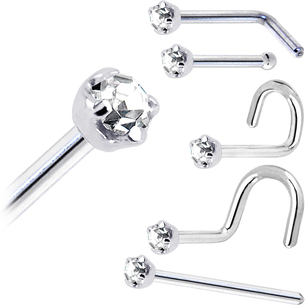 Solid 14K White Gold 2mm Clear Cubic Zirconia Nose Ring