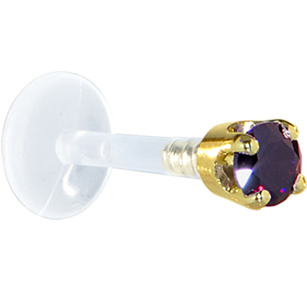 16G 1/4 Solid 14K Yellow Gold 3mm Amethyst Cubic Zirconia Bioplast Tragus Earring Stud