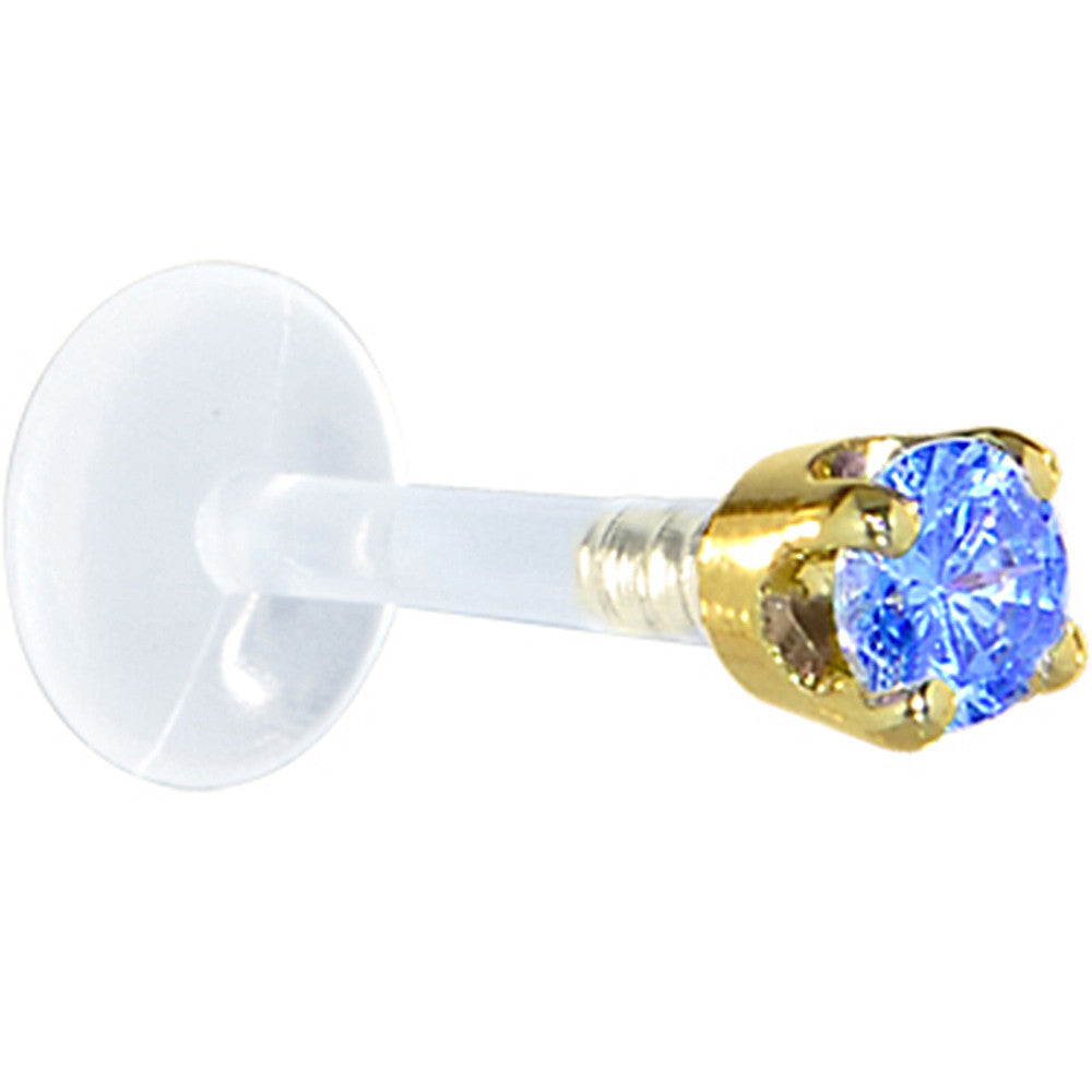 16G 1/4 Solid 14K Yellow Gold 3mm Arctic Blue Cubic Zirconia Bioplast Tragus Earring Stud