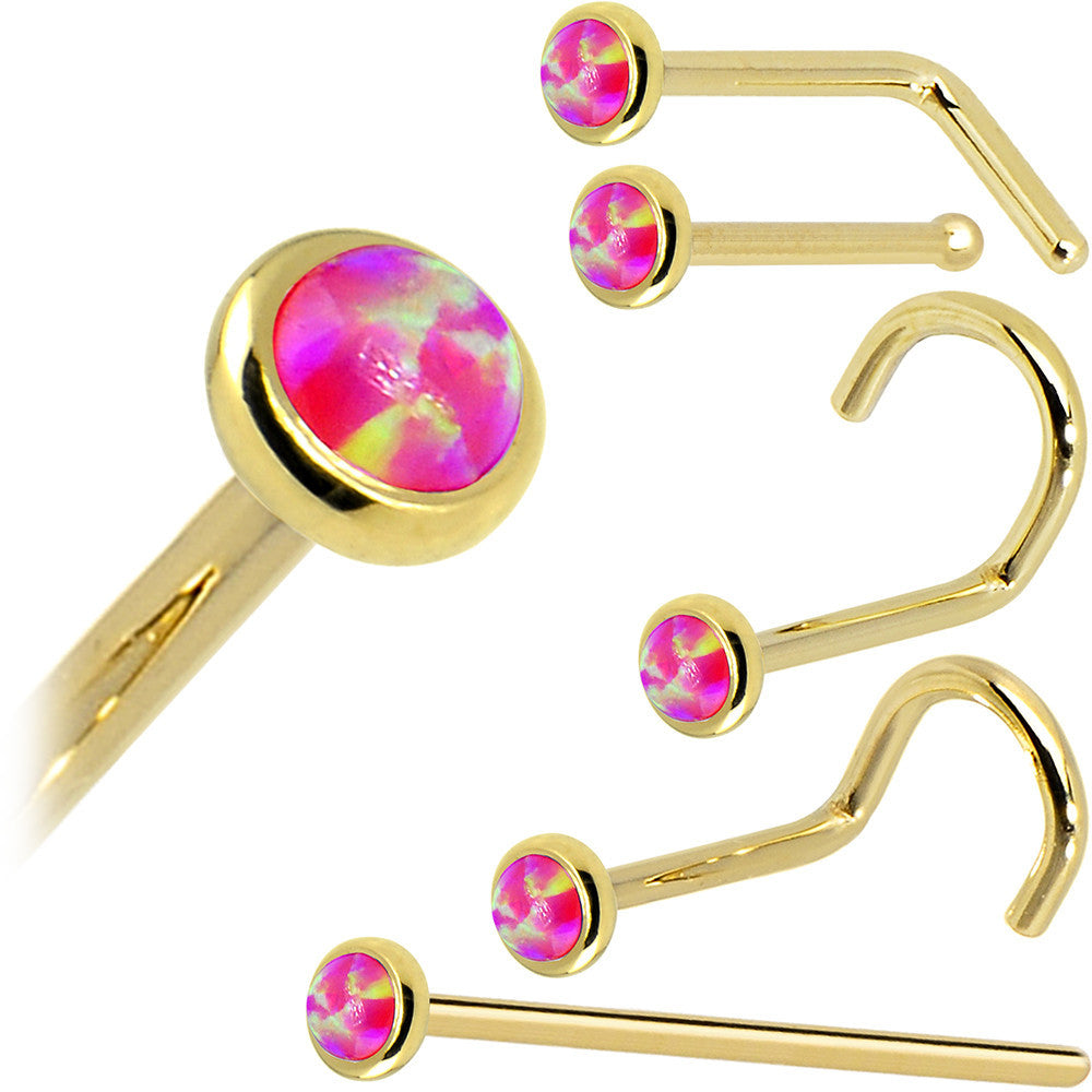 Solid 14K Yellow Gold 2mm Brilliant Pink Synthetic Opal Nose Ring