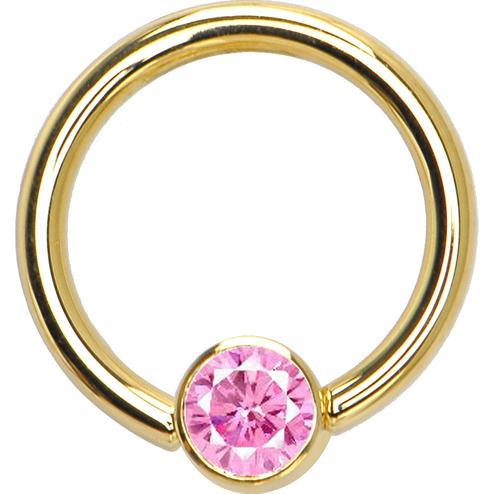14G 3/8 Solid 14K Gold Pink CZ Gem BCR Captive Ring