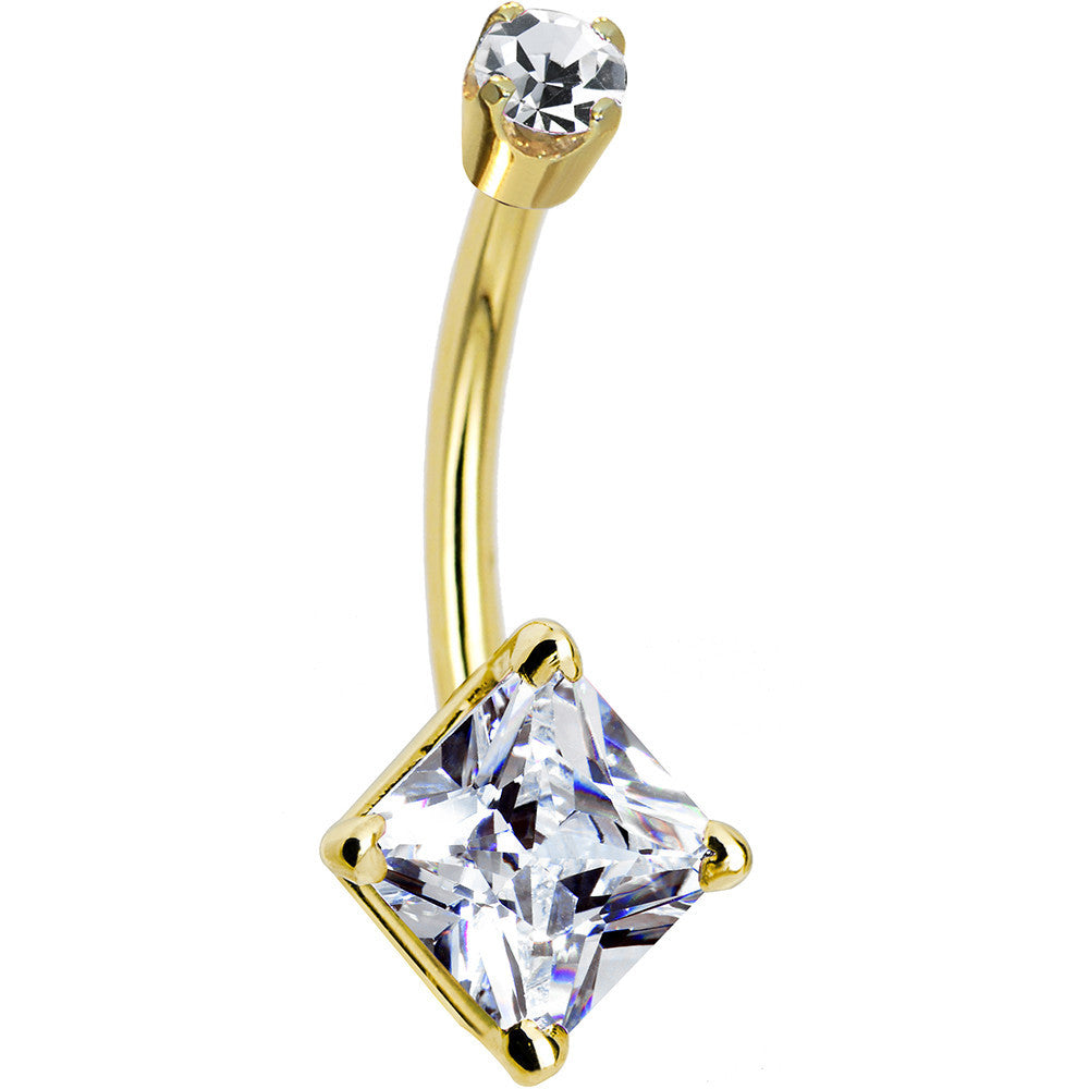 14k Yellow Gold Clear Cubic Zirconia Princess Belly Ring