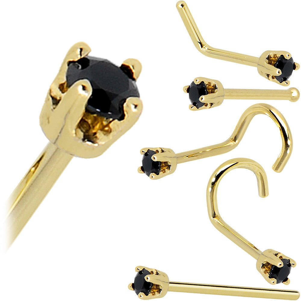 Solid 14K Yellow Gold 2mm Black Cubic Zirconia Nose Ring