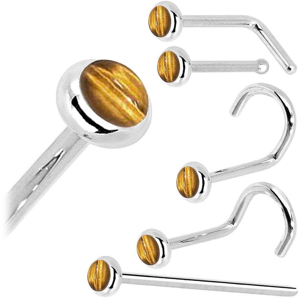 Solid 14K White Gold 2mm Tiger Eye Nose Ring