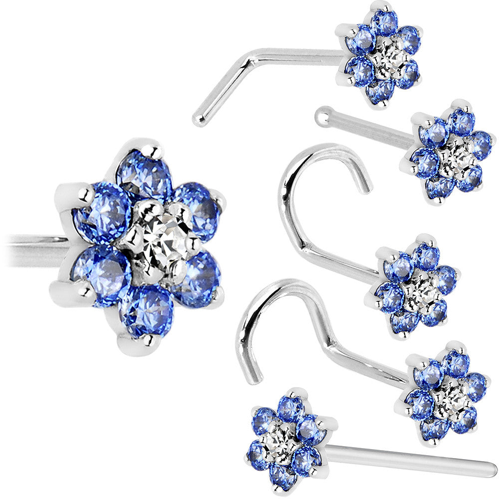 Solid 14K White Gold Arctic Blue and Clear Cubic Zirconia Flower Nose Ring