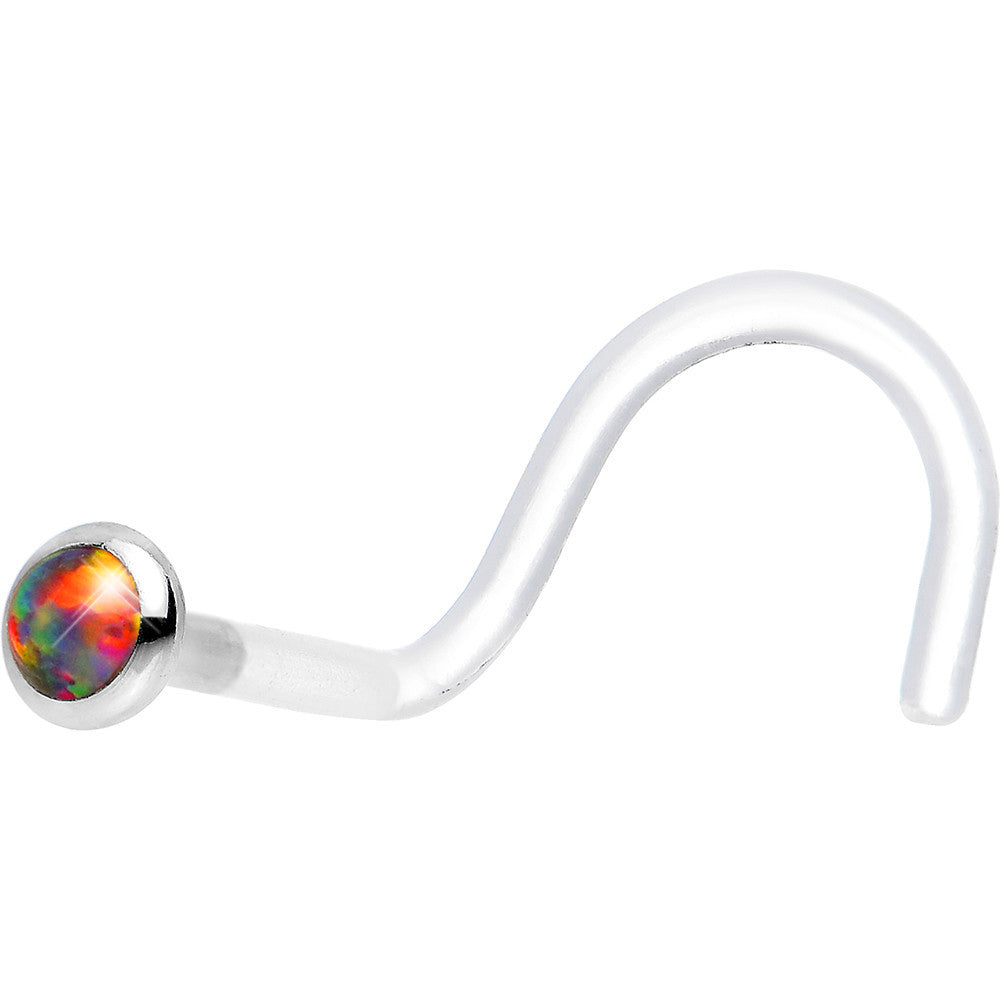 18G White Gold 2mm Fire Red Synthetic Opal Bioplast Nose Ring