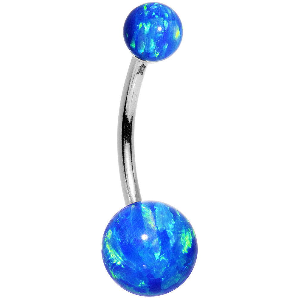 14k White Gold Blue Synthetic Opal Belly Ring