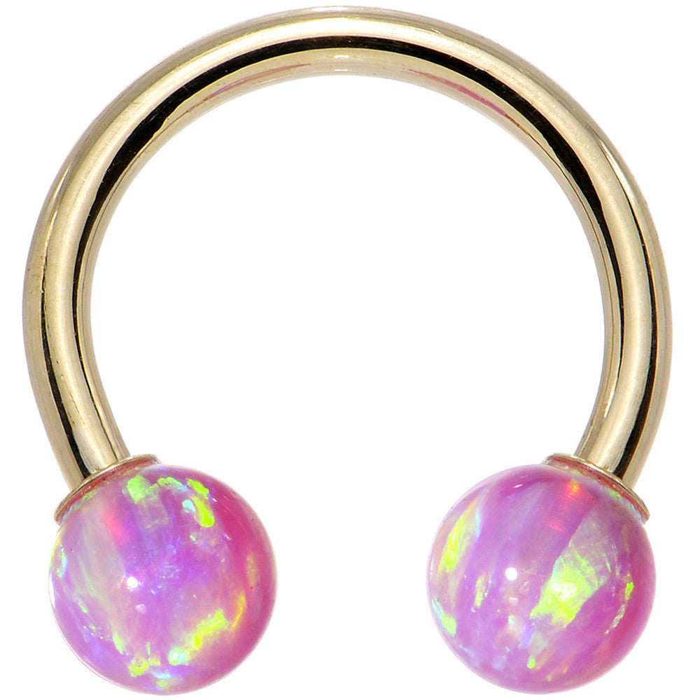 14G Solid 14K Yellow Gold Pink Synthetic Opal Horseshoe Barbell