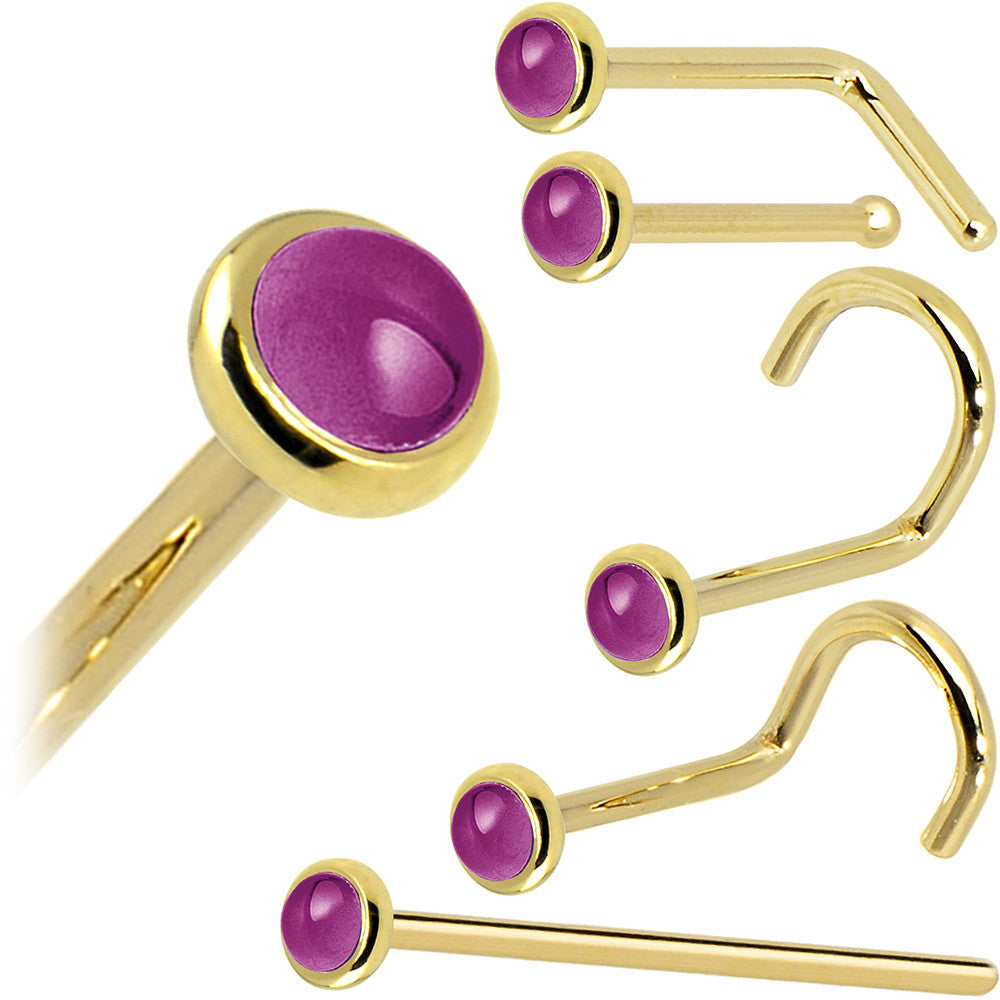 Solid 14K Yellow Gold 2mm Genuine Pink Garnet Nose Ring