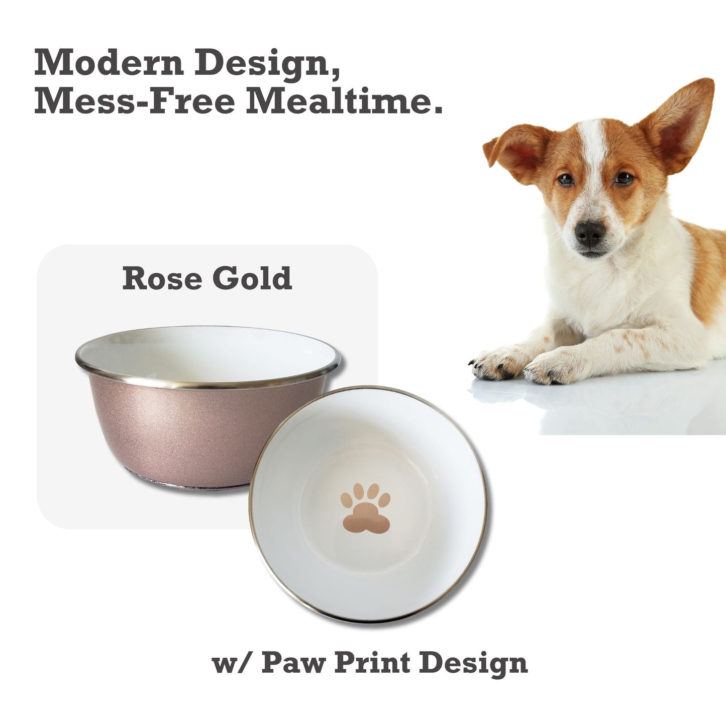 Deep Dog Bowl with Paw Print Design – Stainless Steel Bowl, Ideal for Small, Medium to Large Dogs – Rose Gold