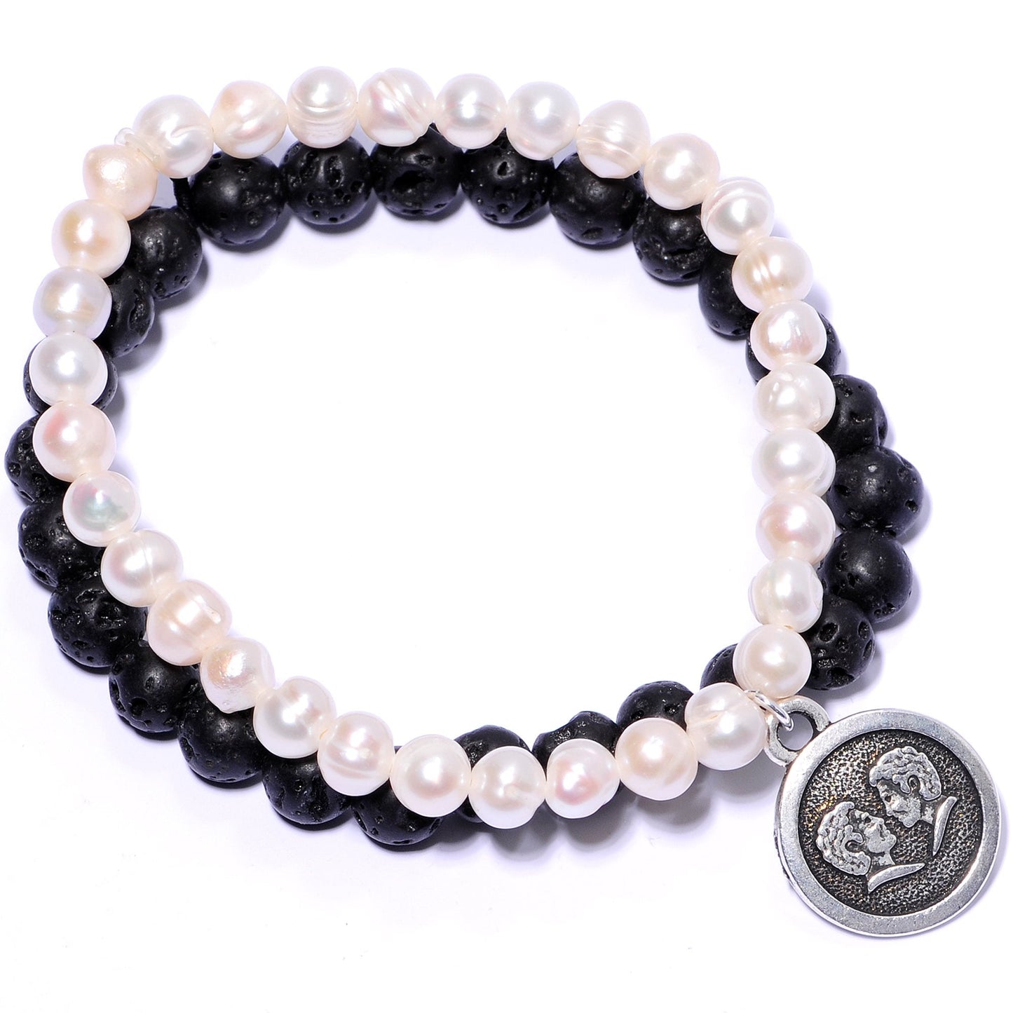 Handmade Lava Stone Freshwater Pearl Gemini Zodiac Bracelet Set of 2