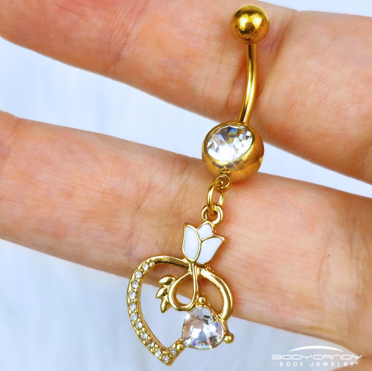 Clear Gem Gold Tone Tulip Heart Flower Dangle Belly Ring