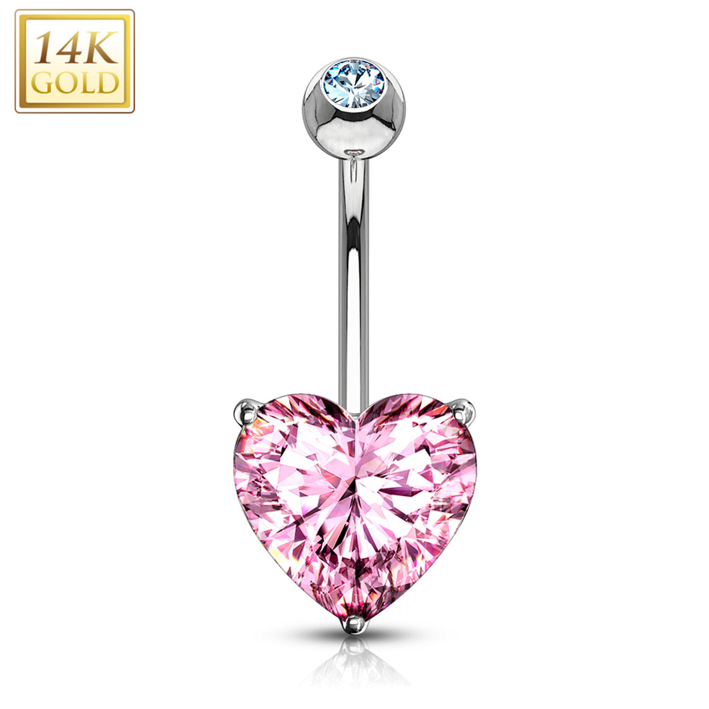 14k Solid White Gold Prong Set Pink 6mm CZ Heart Belly Ring