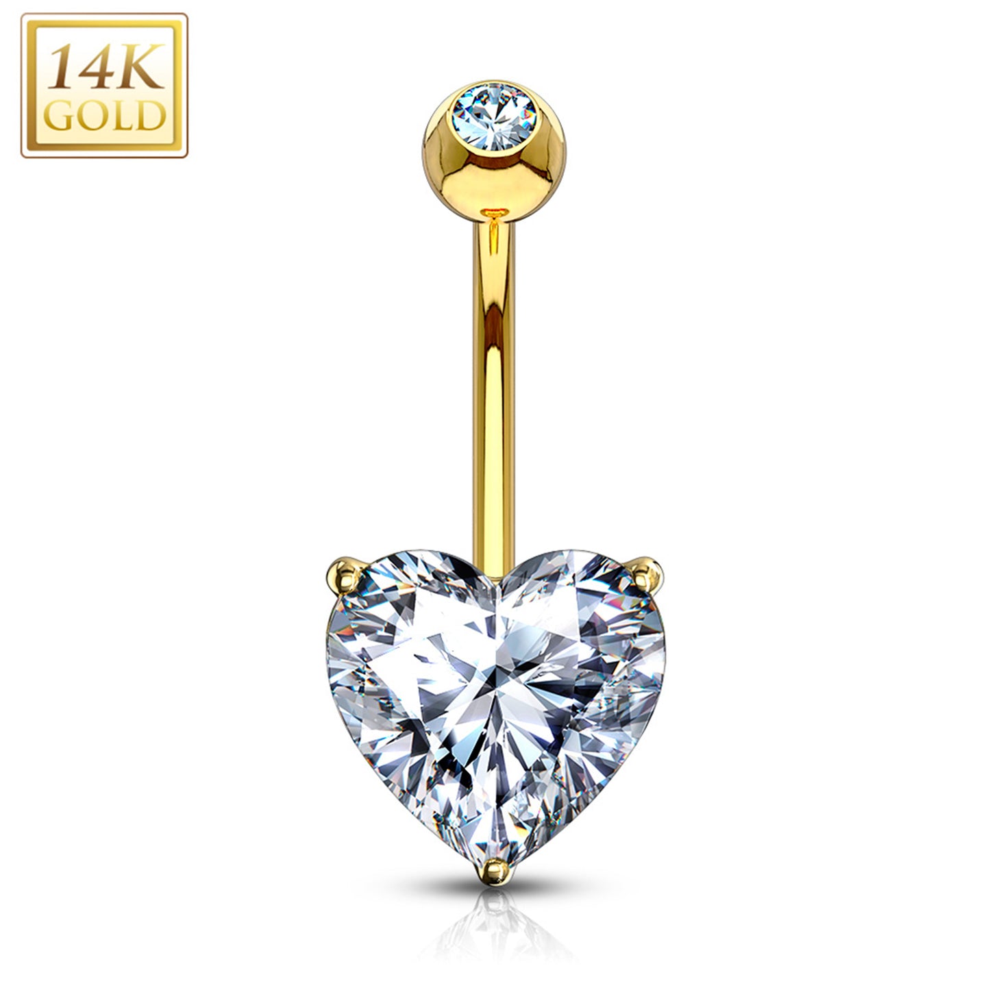 14k Solid Yellow Gold Prong Set 6mm CZ Heart Belly Ring