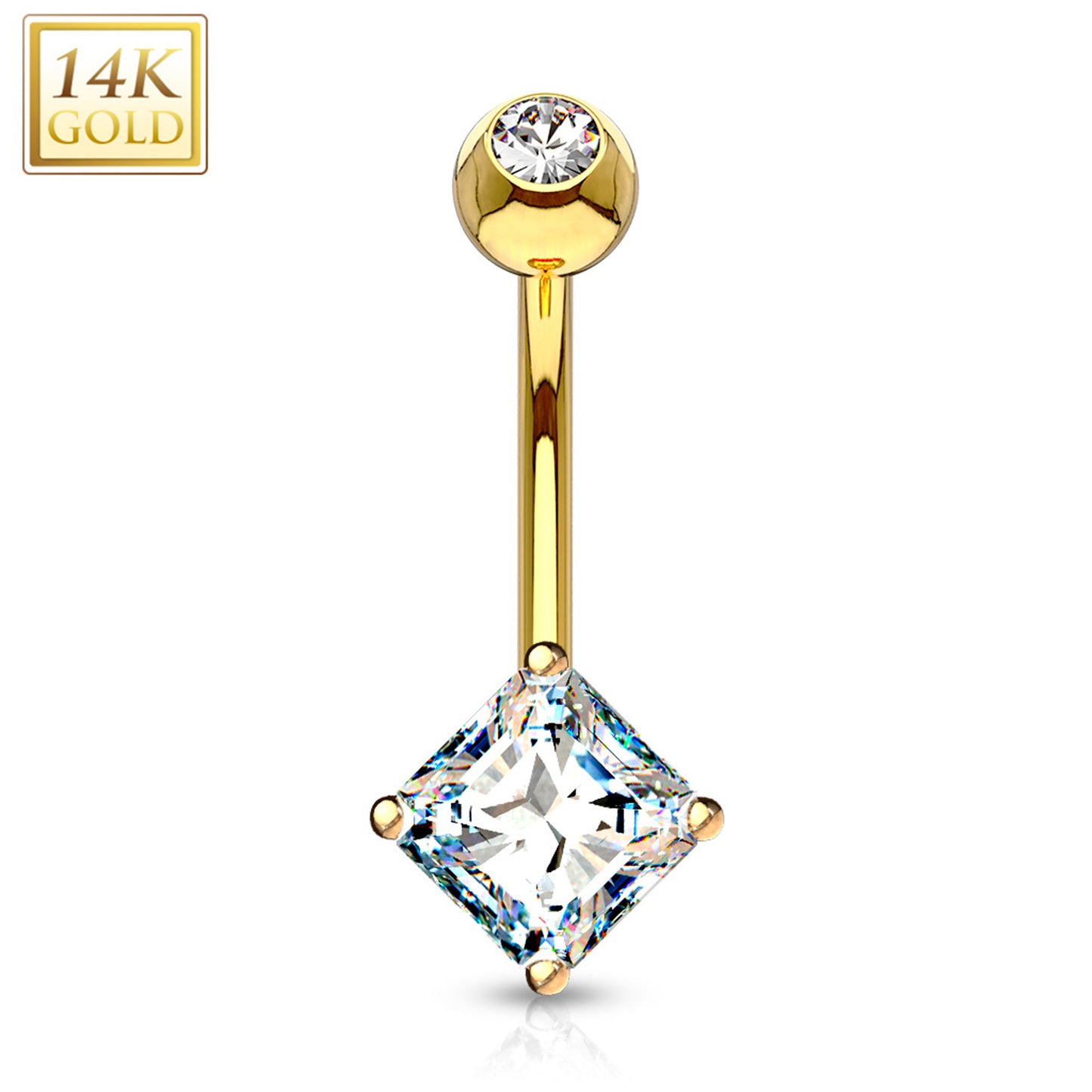 14k Solid Yellow Gold Prong Set 5mm Princess Cut CZ Belly Ring