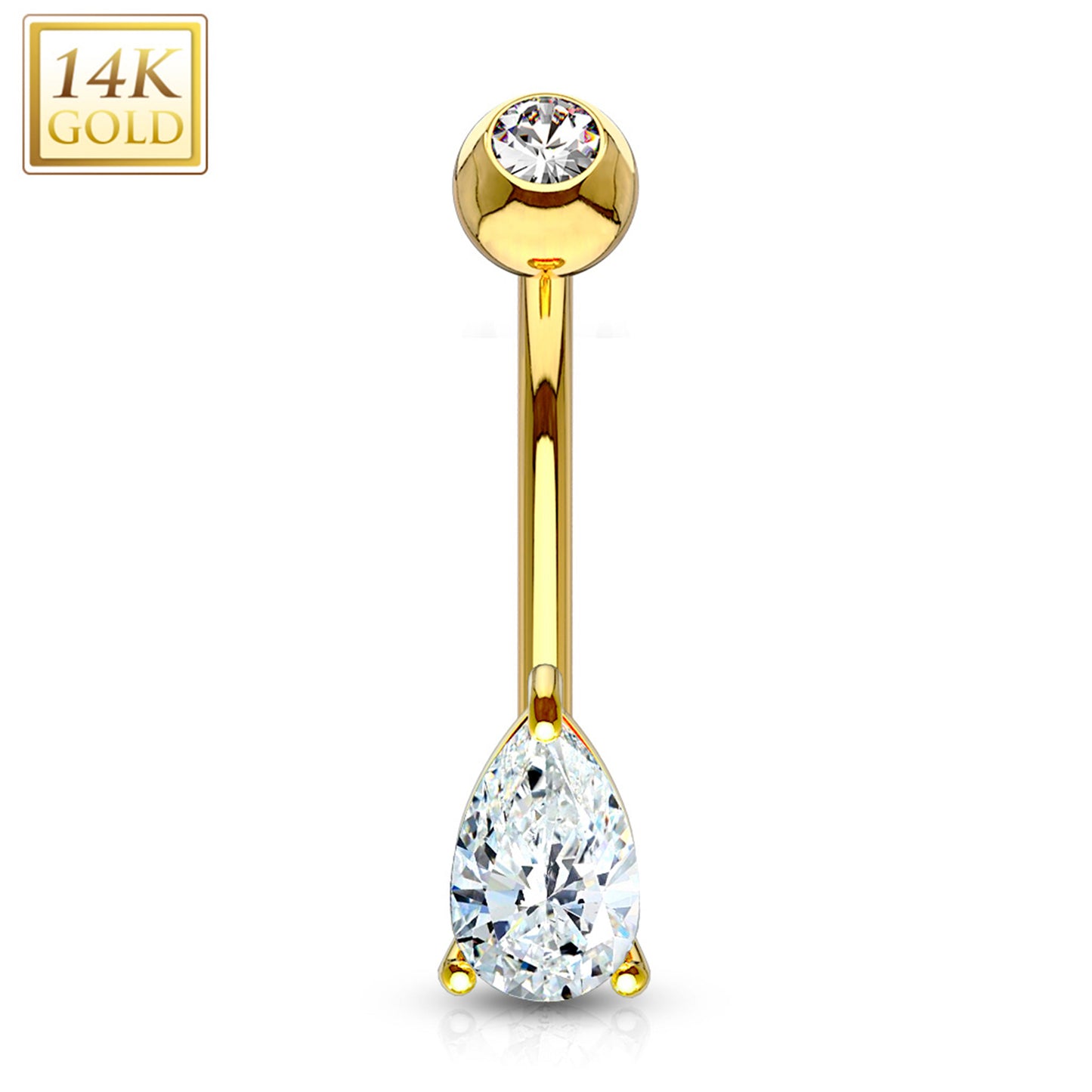 14k Solid Yellow Gold 6mm CZ Deluxe Tear Drop Belly Ring