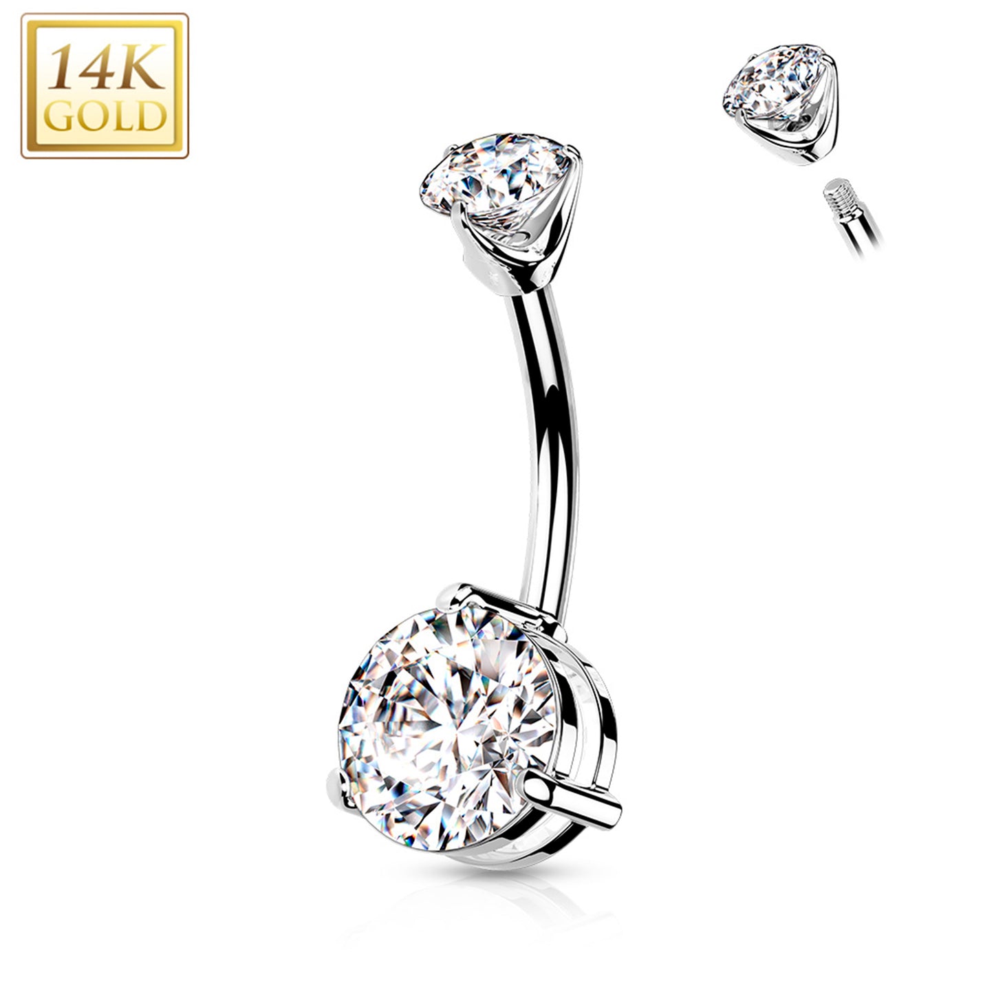 14k Solid White Gold Double Prong Set Cubic Zirconia Belly Ring