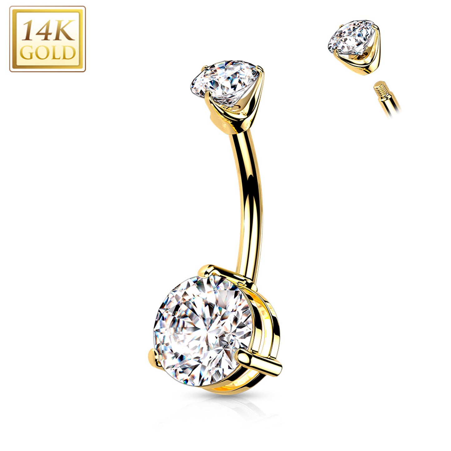 14k Solid Yellow Gold Double Prong Set Cubic Zirconia Belly Ring