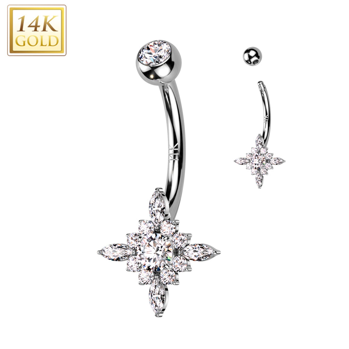 14k Solid White Gold Cubic Zirconia Star Burst Belly Ring