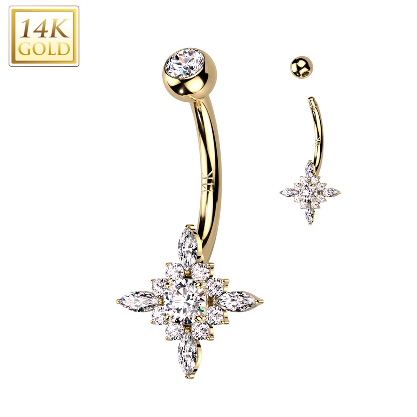 14k Solid Yellow Gold Cubic Zirconia Star Burst Belly Ring