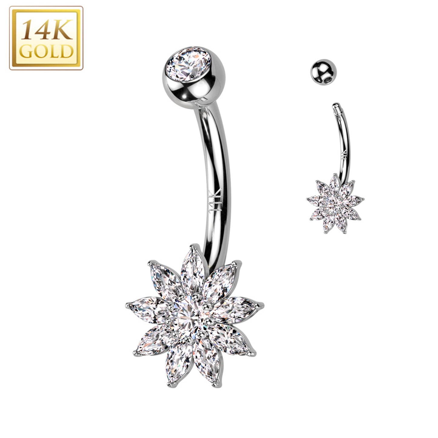 14k Solid White Gold Cubic Zirconia Floral Flower Belly Ring