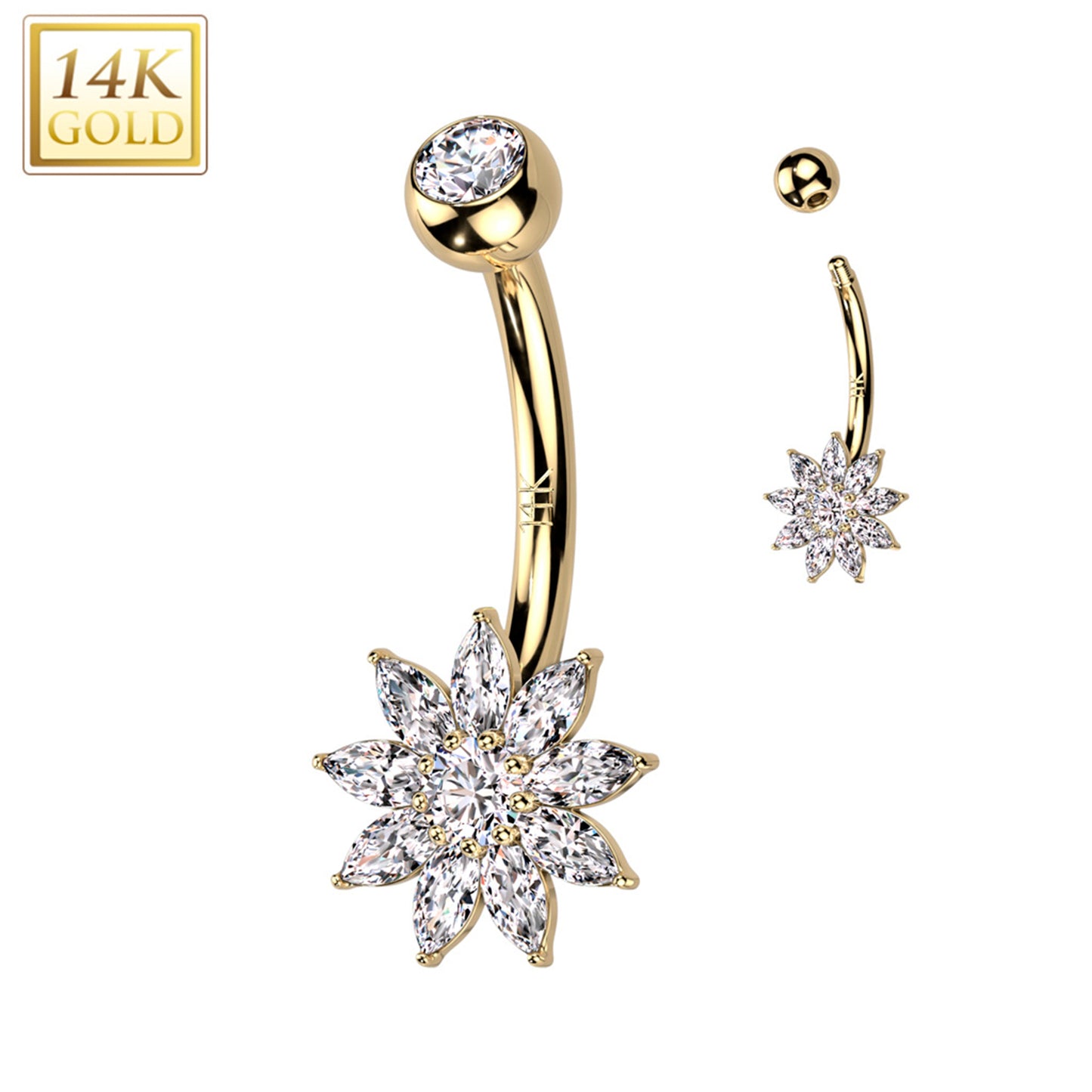 14k Solid Yellow Gold Cubic Zirconia Floral Flower Belly Ring