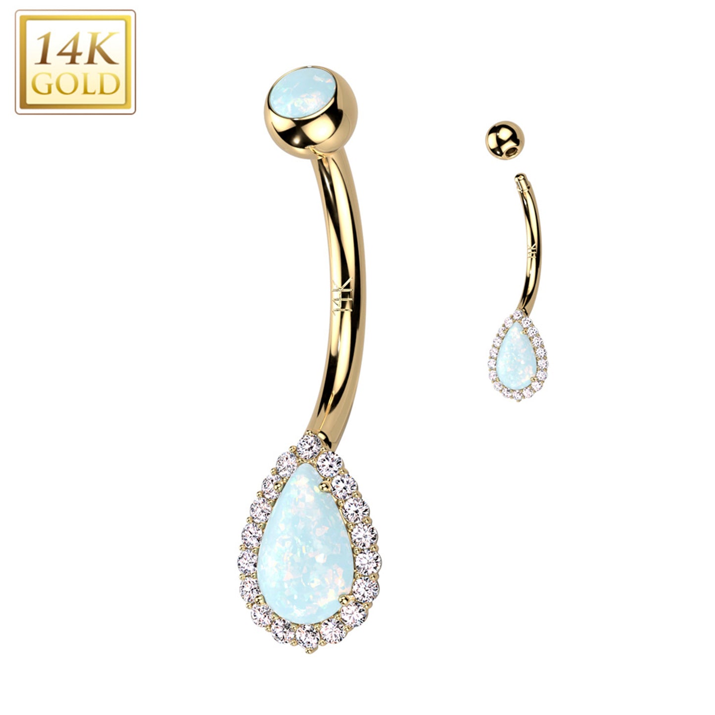 14k Solid Yellow Gold CZ Synthetic Opal Deco Tear Drop Belly Ring