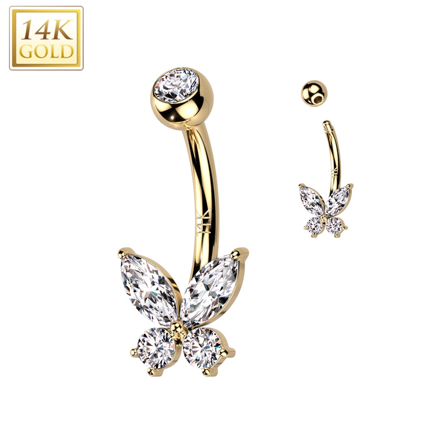 14k Solid Yellow Gold Cubic Zirconia Butterfly Belly Ring