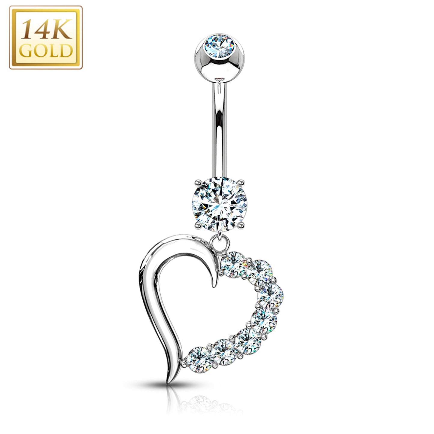 14k Solid White Gold CZ Posh Hollow Heart Dangle Belly Ring