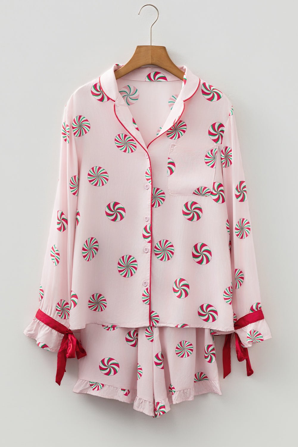 Pink Christmas Candy Contrast Trim Bow Knot Silky 2pcs Pajama Set - Jaico Online Shop