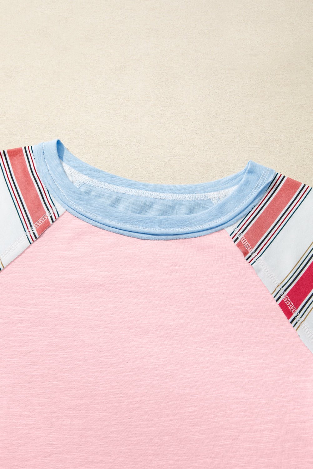 Pink Color Block Round Neck Exposed Seam Patchwork Striped Long Sleeve Top - Jaico Online Shop