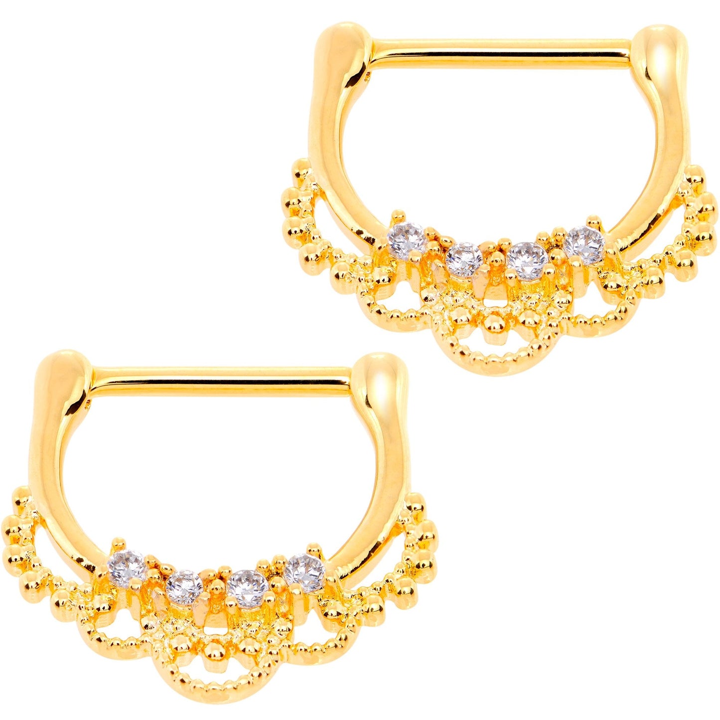 9/16 Clear CZ Gem Gold Tone Anodized Filigree Nipple Clicker Set