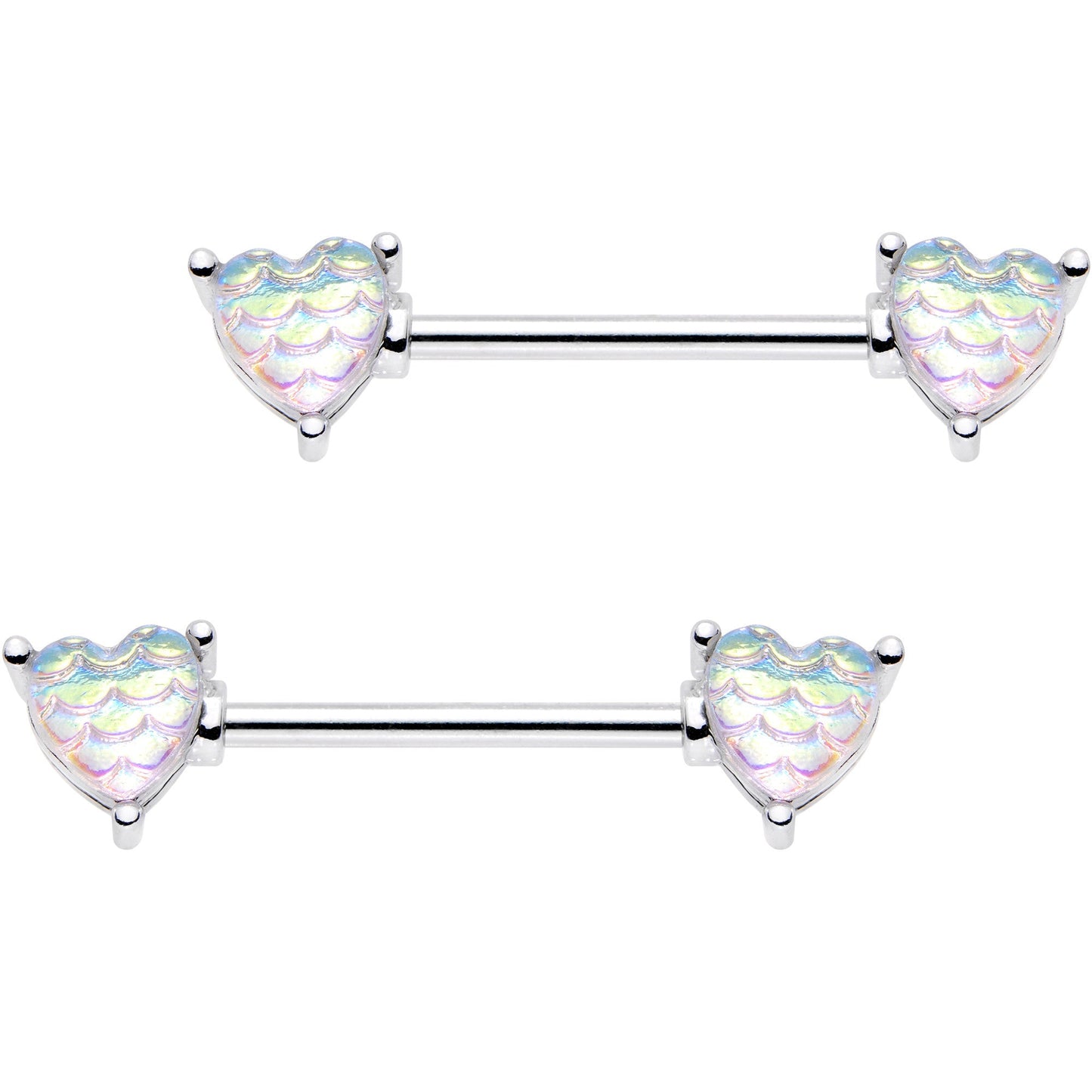 5/8 Iridescent White Mermaid Scale Heart Barbell Nipple Ring Set
