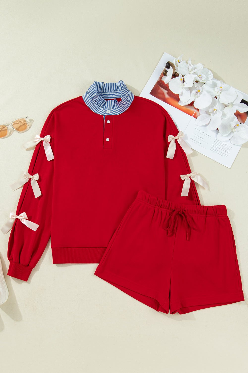 Racing Red Striped Collar Patchwork Satin Bow Sweatshirt and Shorts Set - Jaico Online Shop