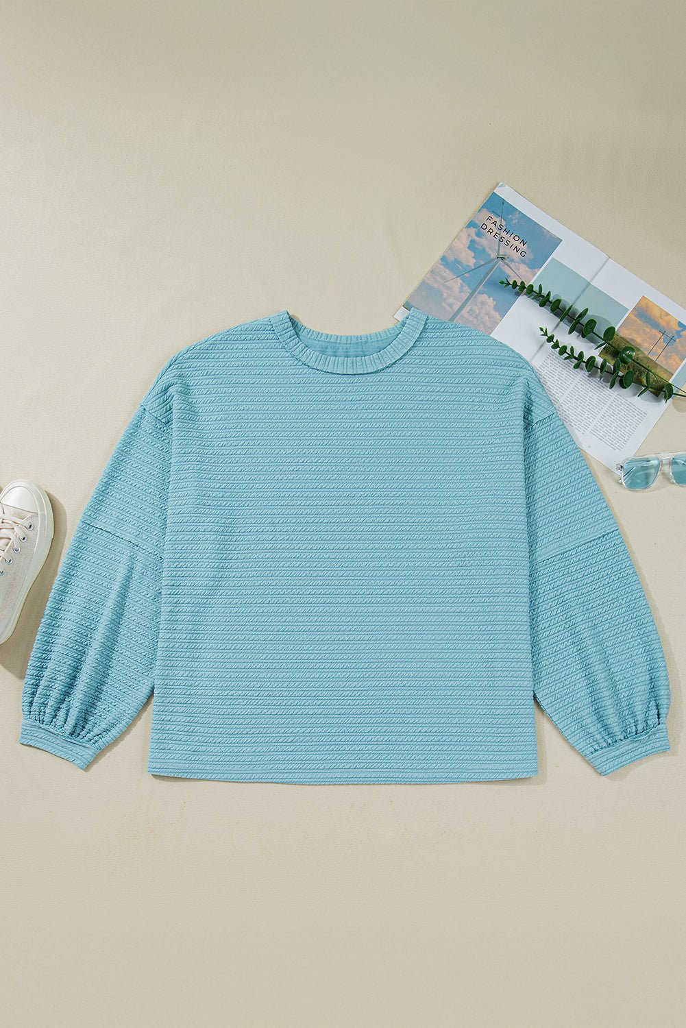 Light Blue Textured Drop Shoulder Plus Size Knit Top - Jaico Online Shop
