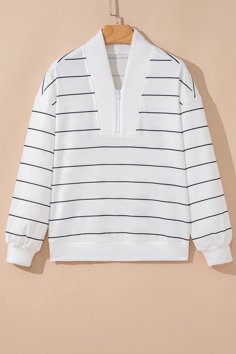 White Zip V Neck Casual Stripe Print Drop Shoulder Long Sleeve Top - Jaico Online Shop