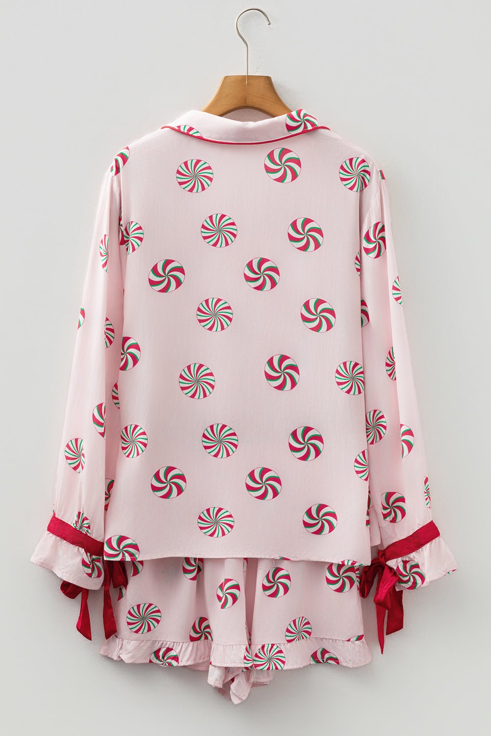 Pink Christmas Candy Contrast Trim Bow Knot Silky 2pcs Pajama Set - Jaico Online Shop