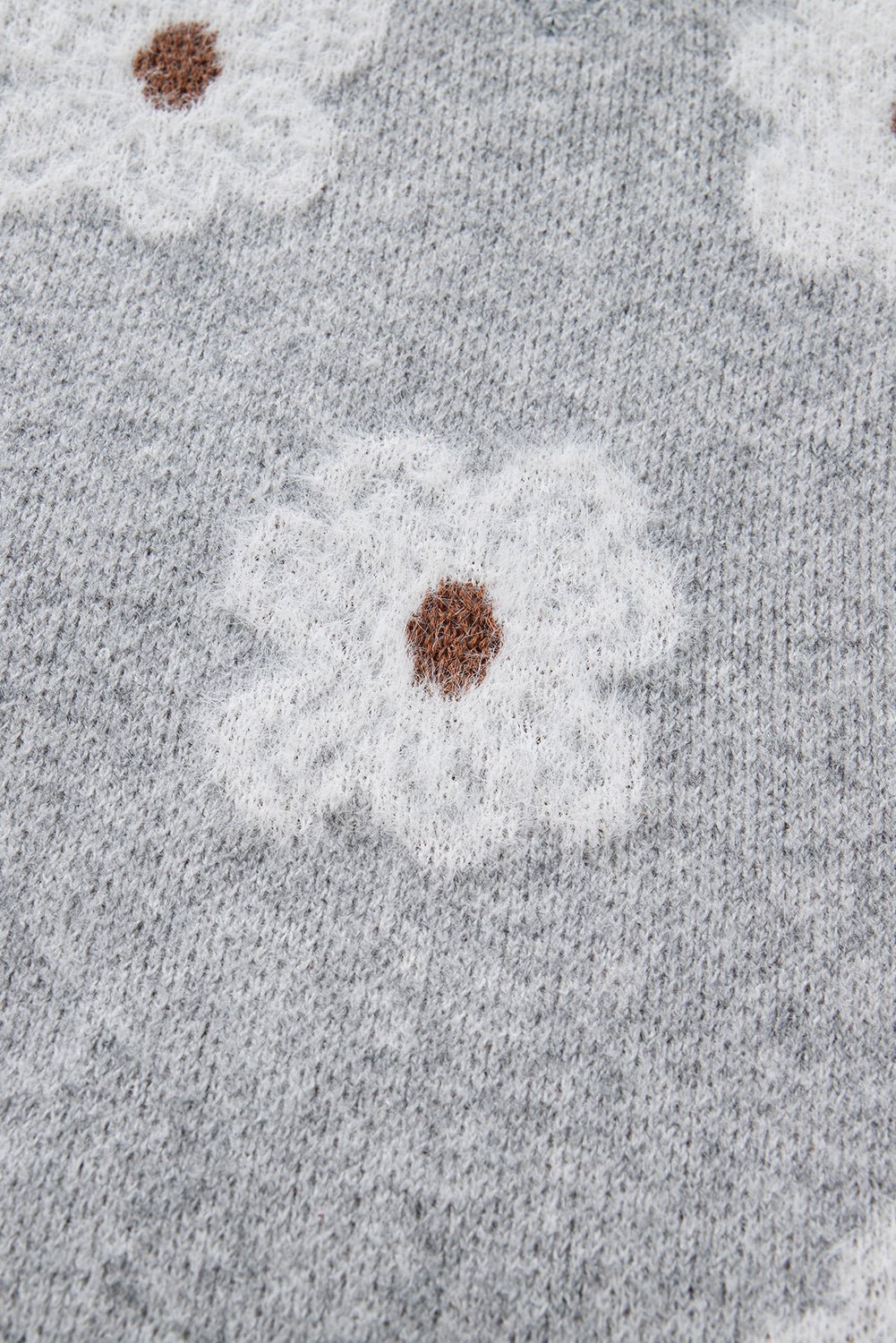 Gray Cute Flower Print V Neck Drop Shoulder Baggy Sweater - Jaico Online Shop