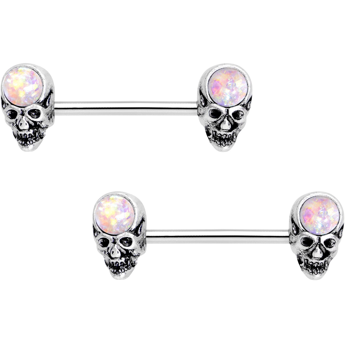 14G 5/8 White Faux Opal Psychic Skull Barbell Nipple Ring Set