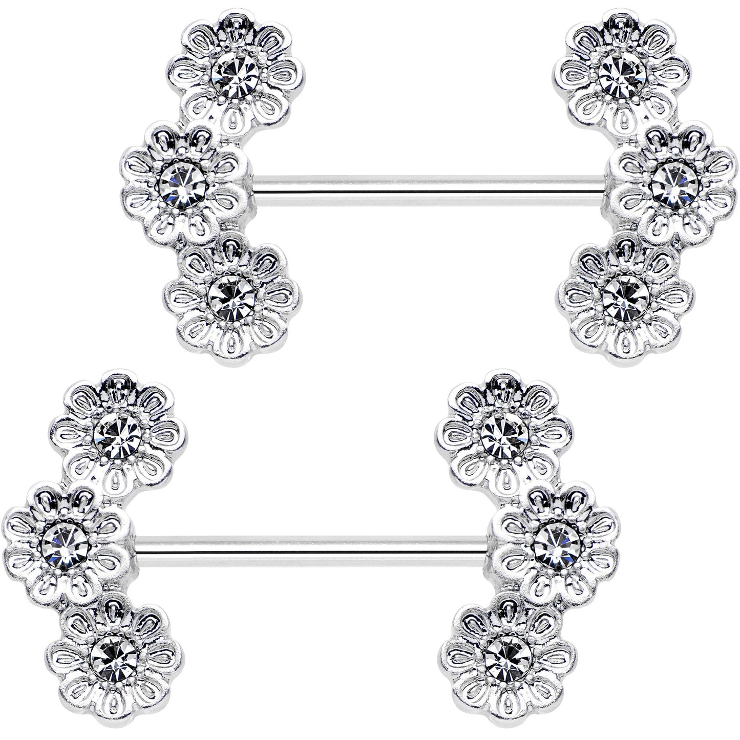 19mm Clear Gem Trio Poppy Flower Barbell Nipple Ring Set