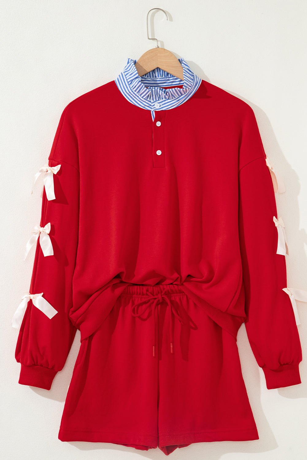 Racing Red Striped Collar Patchwork Satin Bow Sweatshirt and Shorts Set - Jaico Online Shop