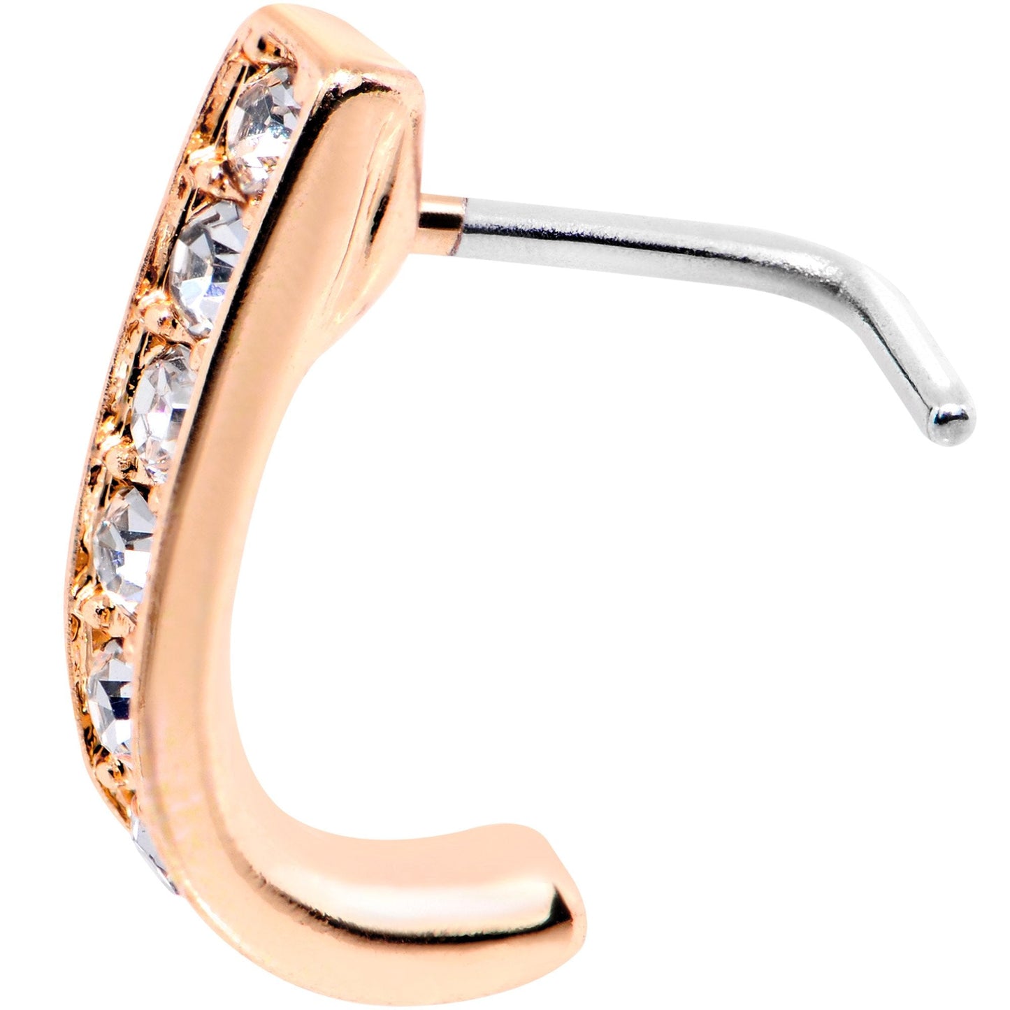 20G Clear CZ Sleek Rose Gold Tone Faux Hoop L Shaped Nose Ring