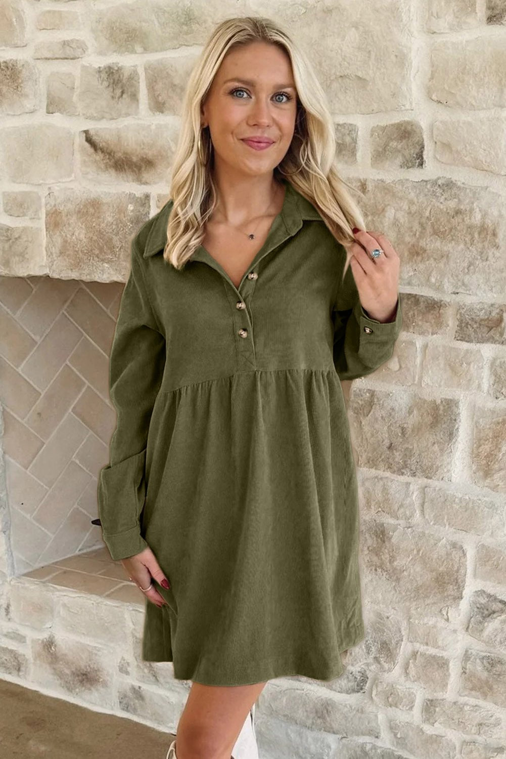 Vineyard Green Corduroy Half Button Collared Long Sleeve Mini Dress - Jaico Online Shop