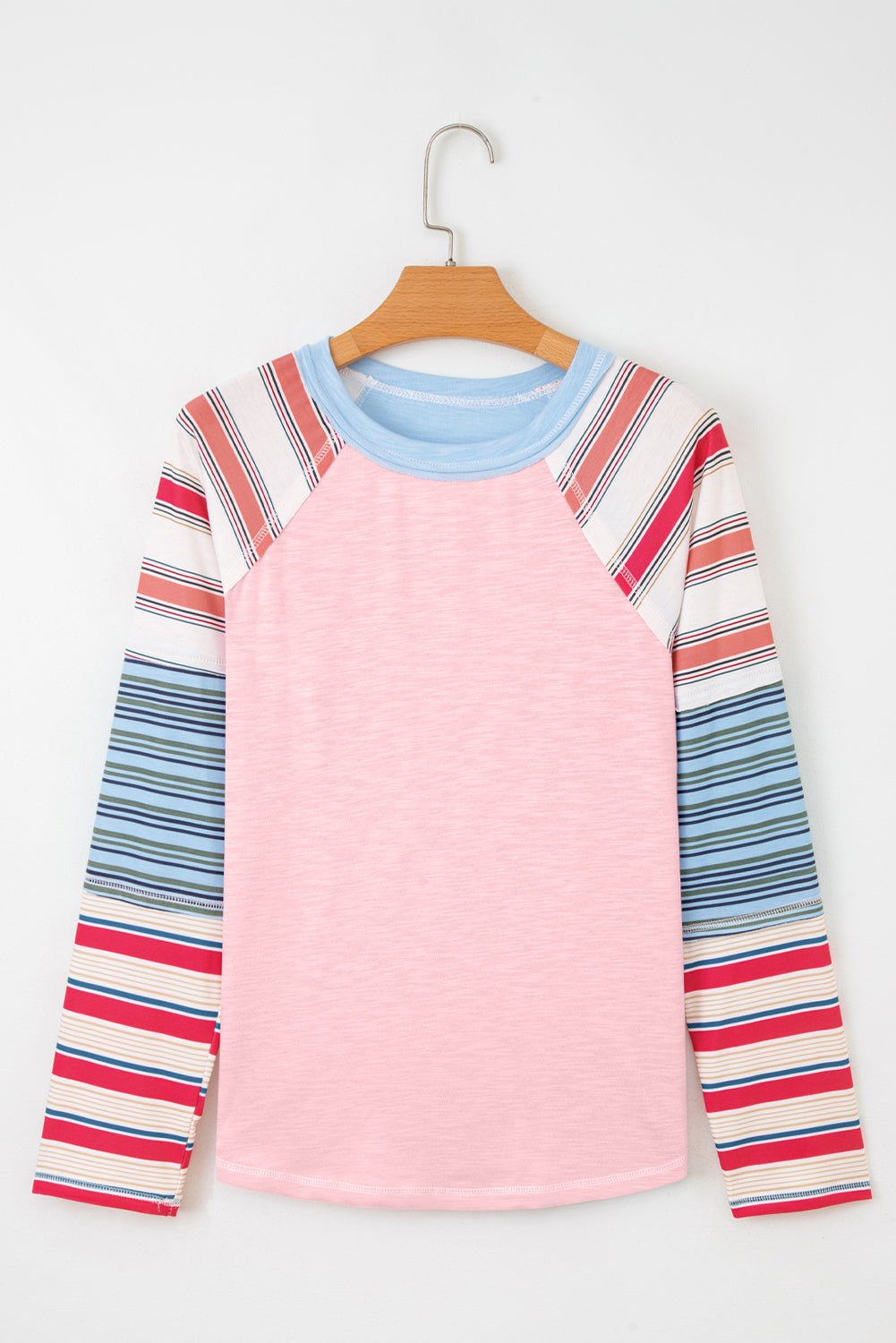Pink Color Block Round Neck Exposed Seam Patchwork Striped Long Sleeve Top - Jaico Online Shop