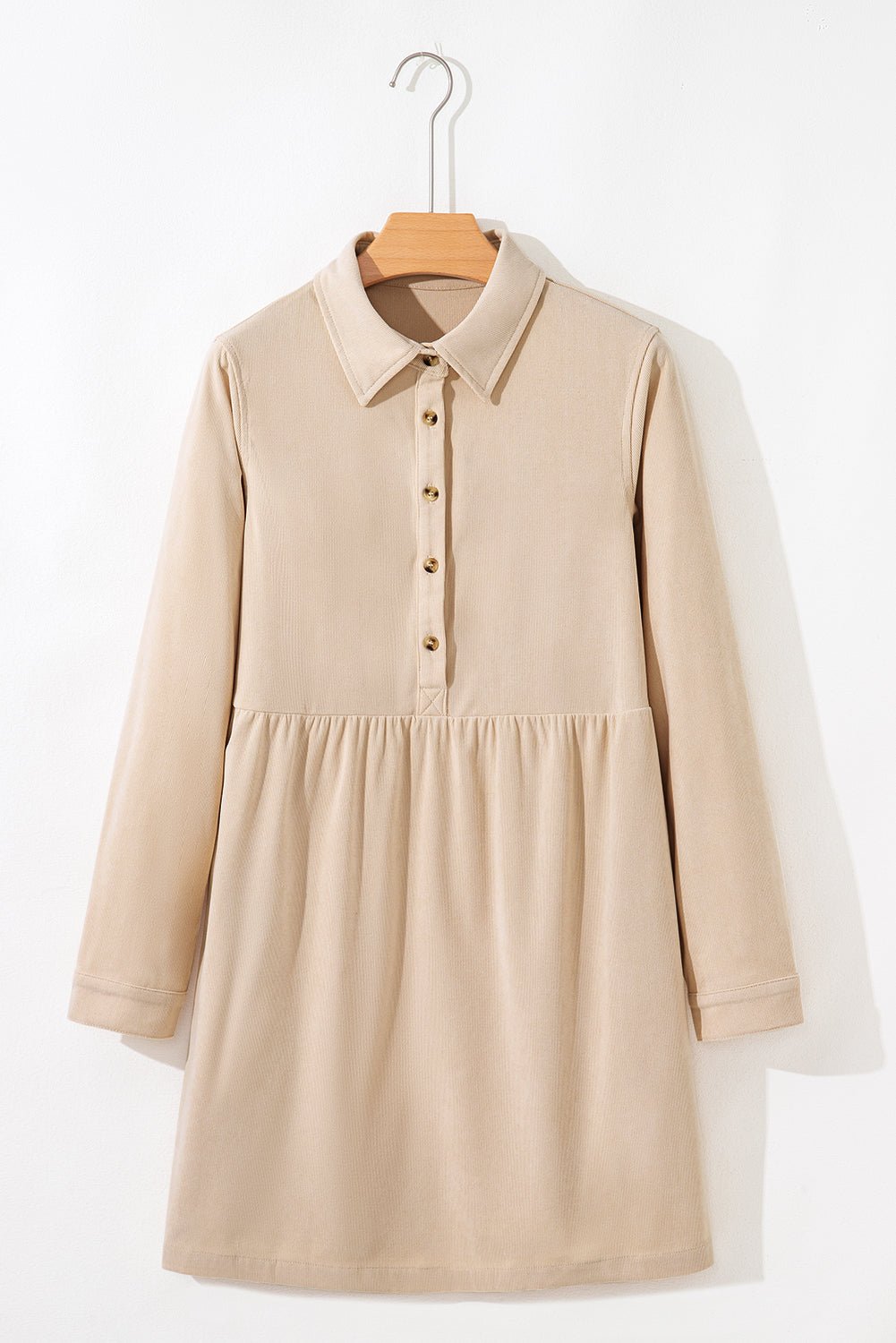 Oatmeal Corduroy Half Button Collared Long Sleeve Mini Dress - Jaico Online Shop
