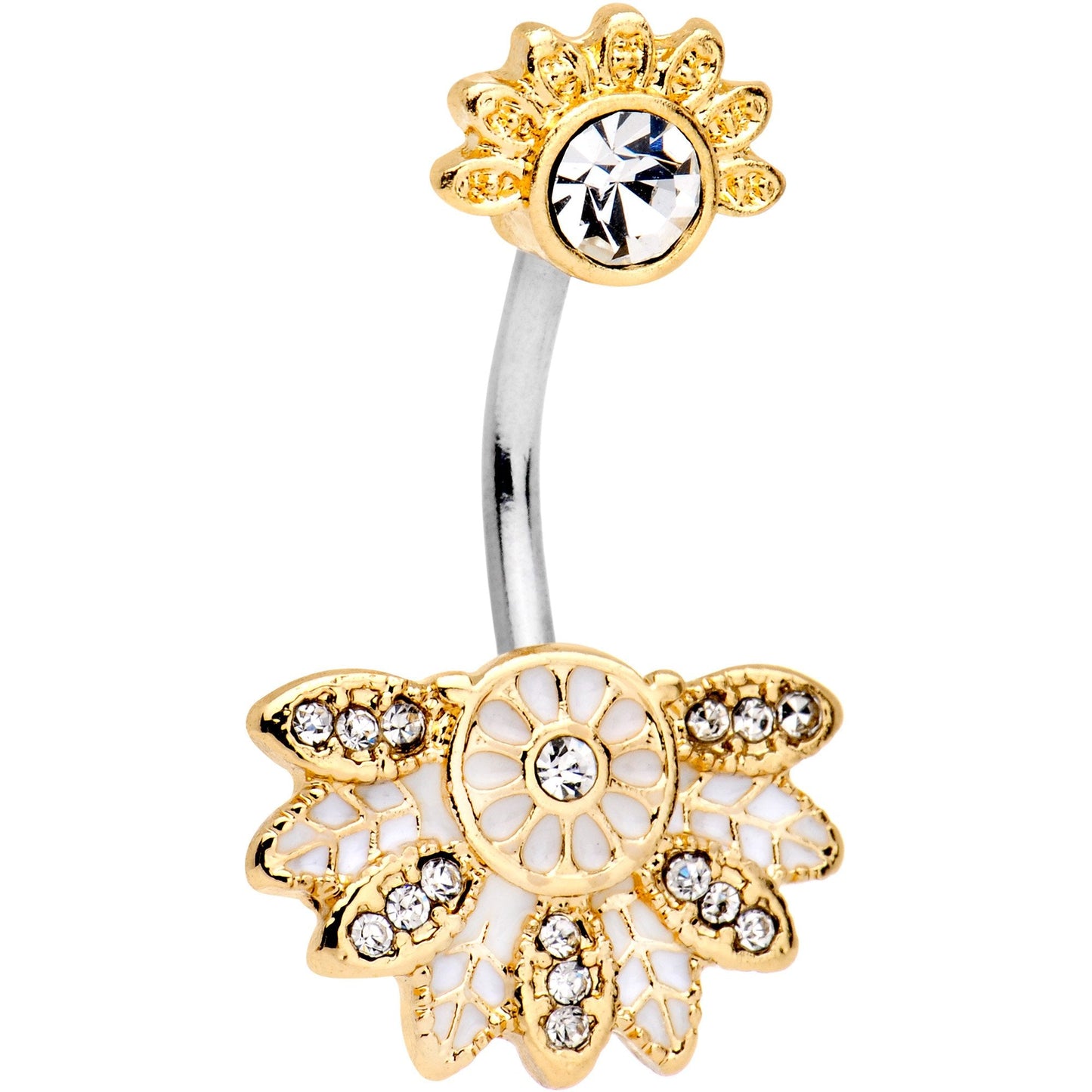 Clear Gem Gold Tone Palm Leaf Fan Double Mount Belly Ring