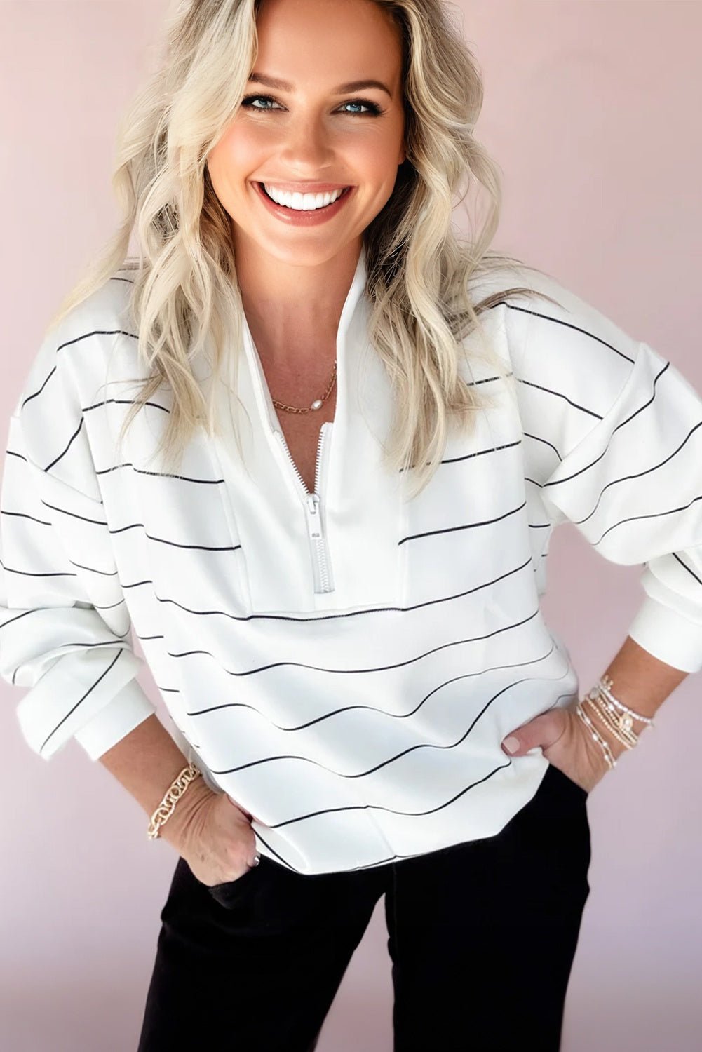 White Zip V Neck Casual Stripe Print Drop Shoulder Long Sleeve Top - Jaico Online Shop